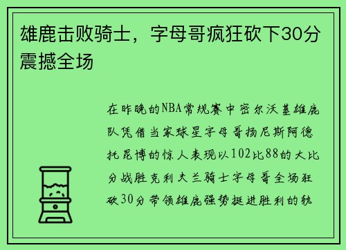 雄鹿击败骑士，字母哥疯狂砍下30分震撼全场